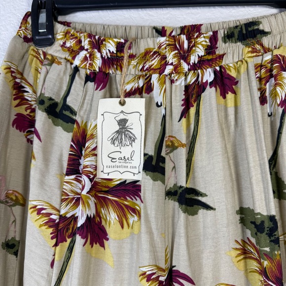 Easel Women's Small Wide Leg Palm Tree Flamingo Print Pants Beige Boho Chic - Picture 6 of 8